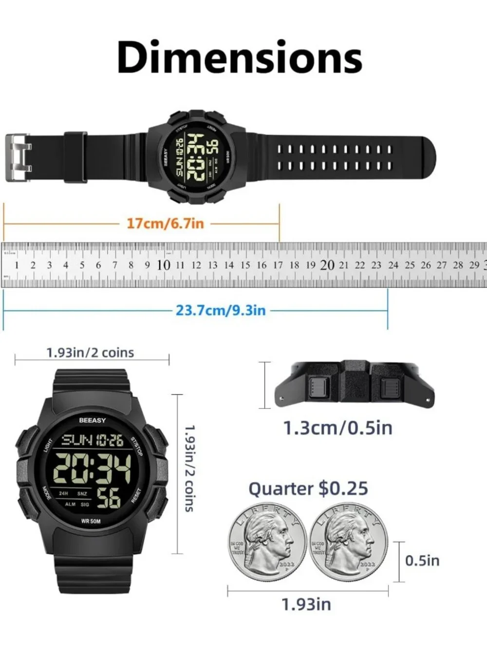 Men's Digital Sports Watch - 50M Waterproof, Stopwatch, Alarm, Rubber Strap, Gym